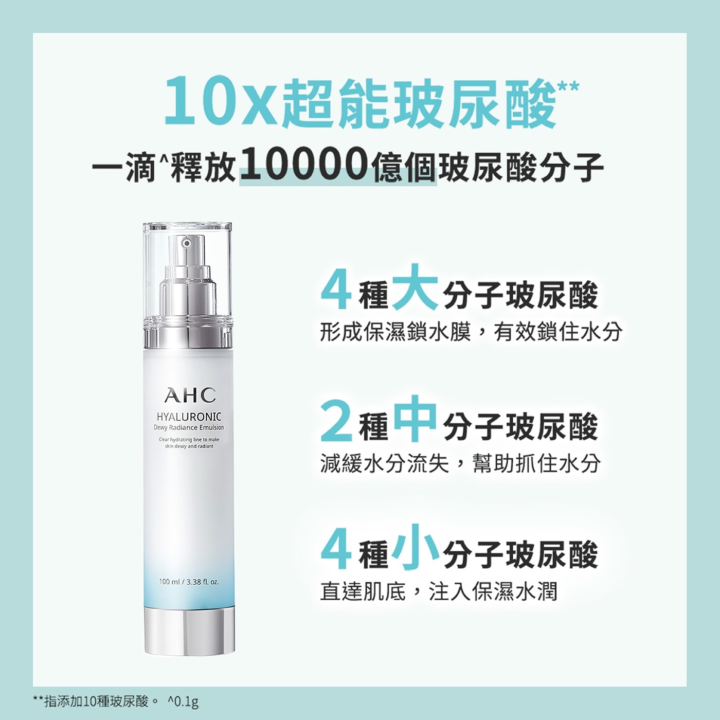 10X超能玻尿酸 一滴釋放億個玻尿酸分子 AHC HYALURONIC Dewy Radiance Emulsion Clear hydrating line to make skin dewy