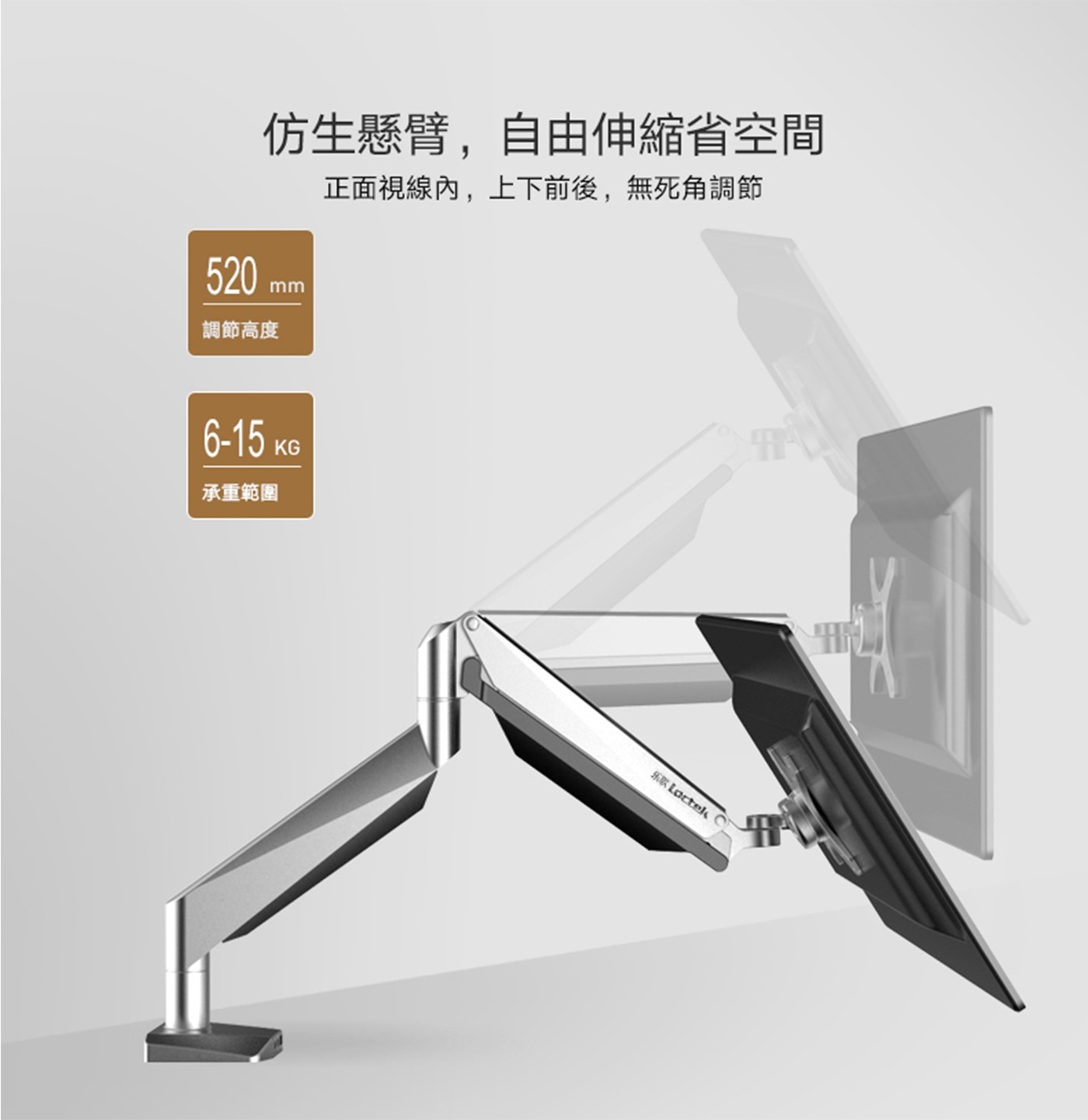 仿生懸臂,自由伸縮省空間 520 mm 調節高度 正面視線內,上下前後,無死角調節 6-15