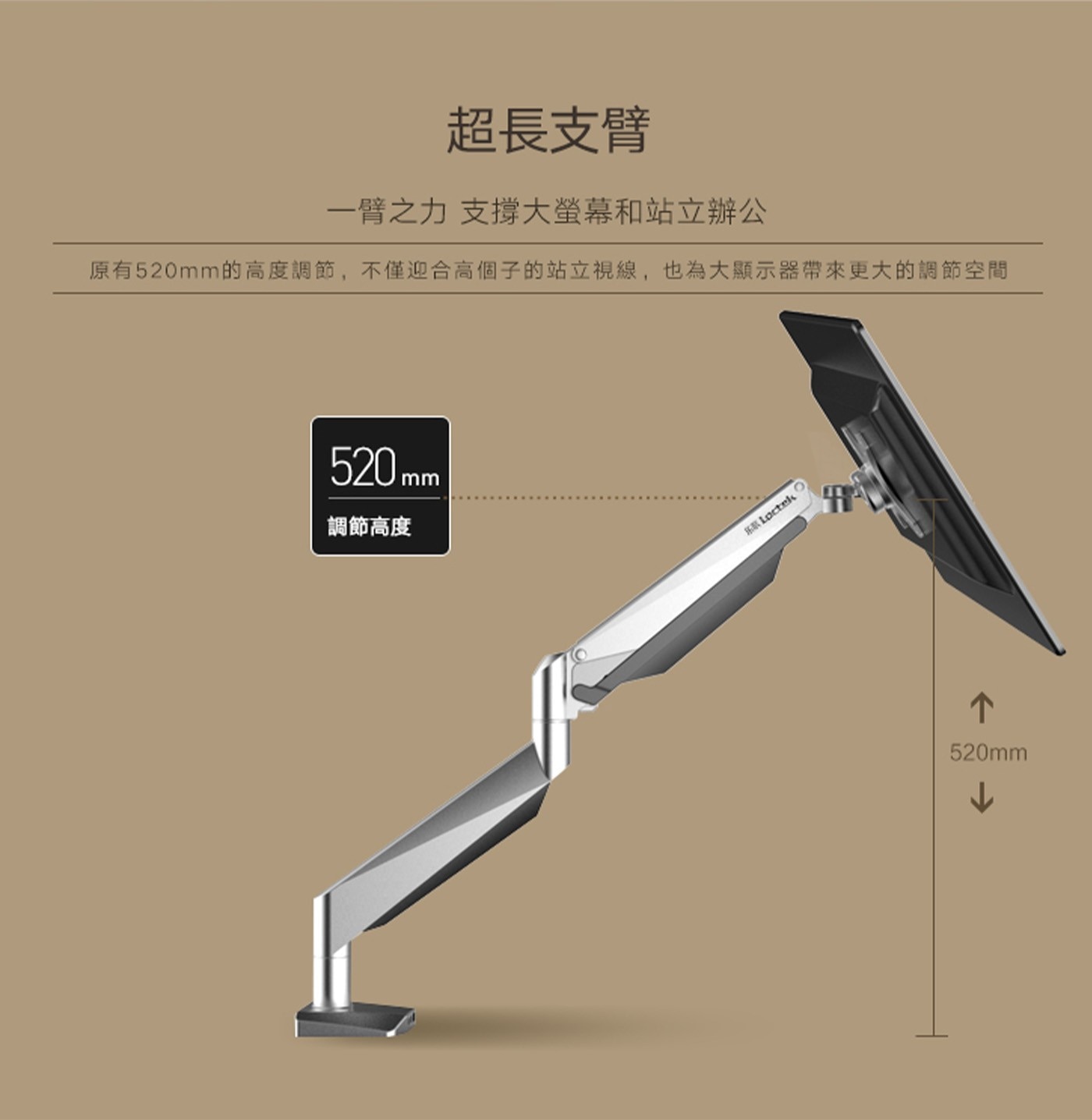 超長支臂 1臂之力 支撐大螢幕和站立辦公 原有520mm的高度調節,不僅迎合高個子的站立視線,也為