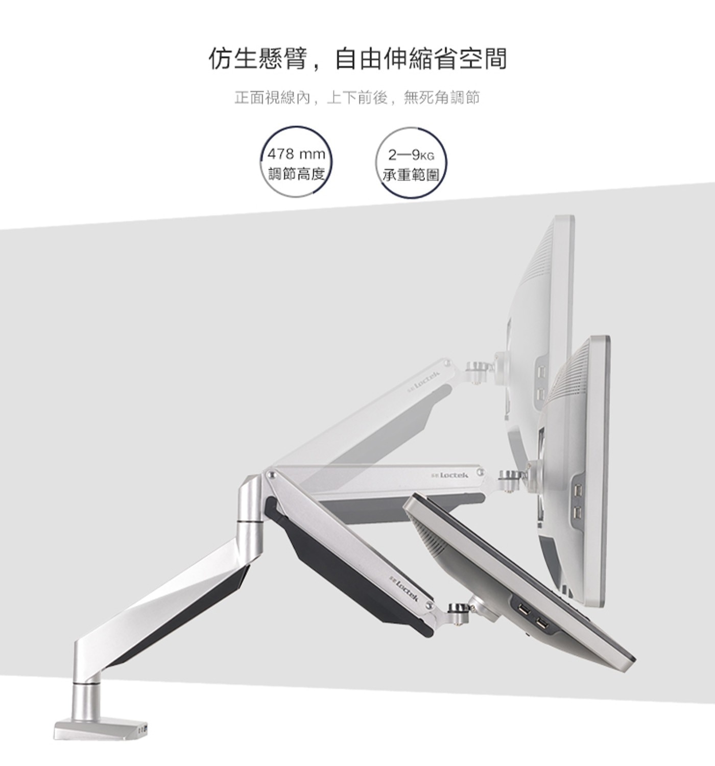 仿生懸臂,自由伸縮省空間 正面視線內,上下前後,無死角調節 478 mm 2-9KG 調節高度
