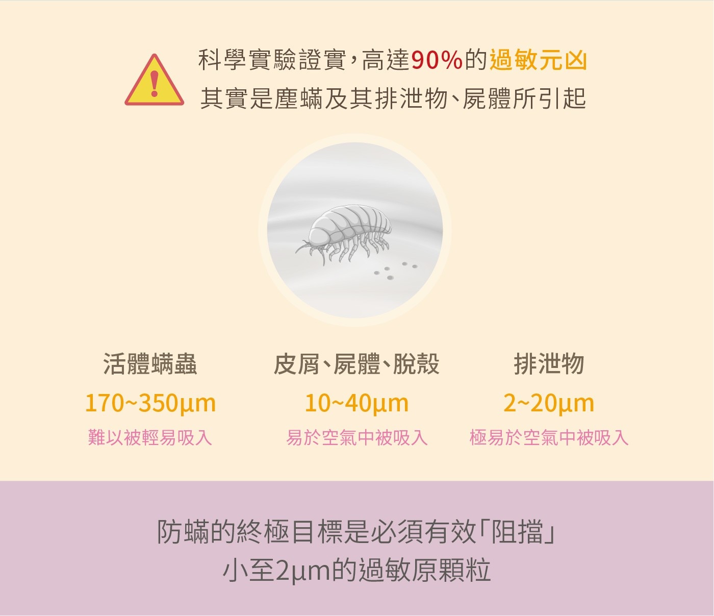 科學實驗證實,高達90的過敏元凶 其實是塵蟎及其排泄物、屍體所引起 活體螨蟲 皮屑、屍體、脫殼