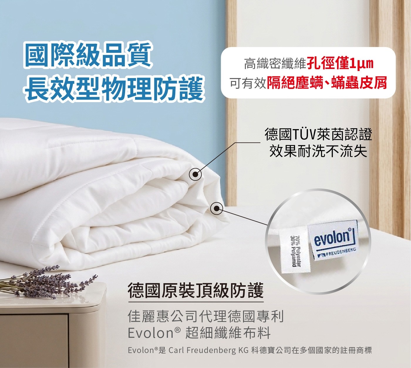國際級品質 長效型物理防護 高織密纖維孔徑僅1um 可有效隔絕塵螨、蟎蟲皮屑 德國TÜV萊茵認證
