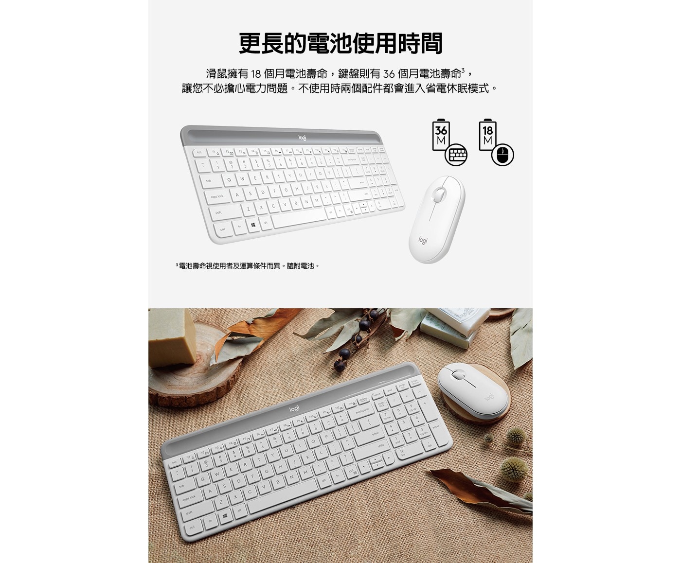更長的電池使用時間 滑鼠擁有18個月電池壽命,鍵盤則有36個月電池壽命,