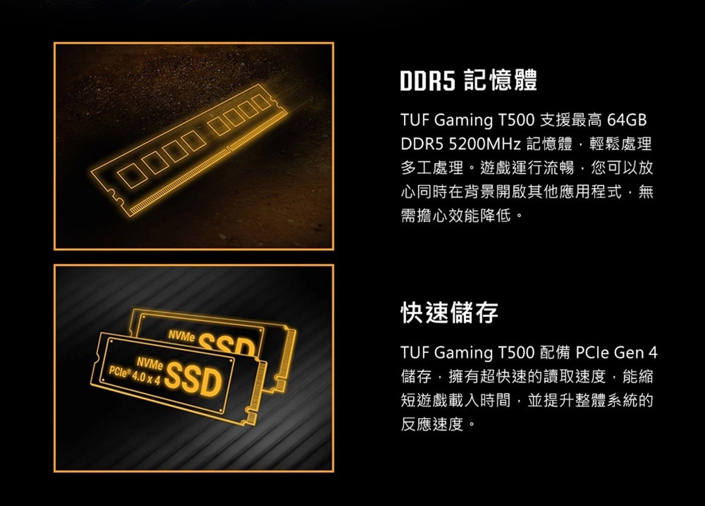 0000 DDR5 記憶體 TUF Gaming T500 支援最高 64GB 5200MHz