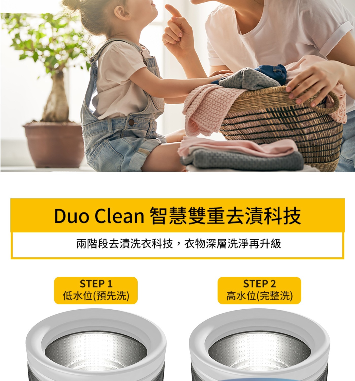 Duo Clean 智慧雙重去漬科技 兩階段去漬洗衣科技,衣物深層洗淨再升級 STEP 1 2 低水位預先洗 高水位完整洗 2900 00 20 90