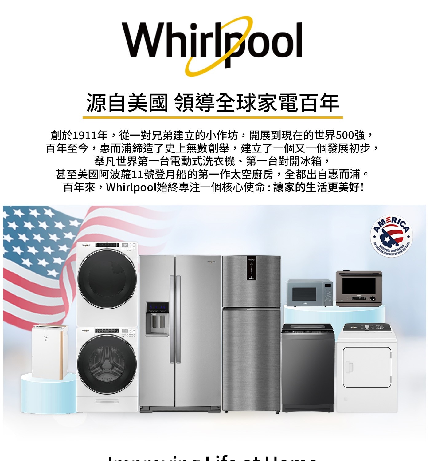 Whirlpool 源自美國 領導全球家電百年 創於1911年,從一...100 Whil Whol D MERICA WHELFOGA CORPORATI AMERICAN COMPANY FOR