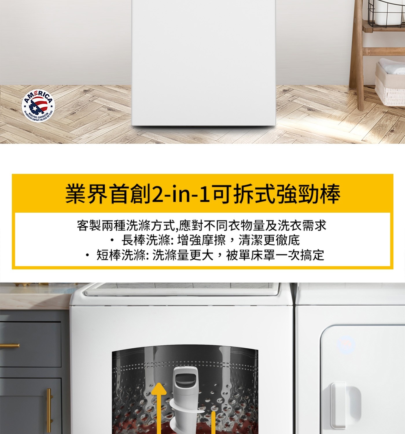 CORPORATION LES 業界首創2-in-1可拆式強勁棒 客製兩種洗滌方式,應對不同衣物量及洗衣需求 長棒洗滌:增強摩擦,清潔更徹底 短棒洗滌: 洗滌量更大,被單床罩一次搞定 0