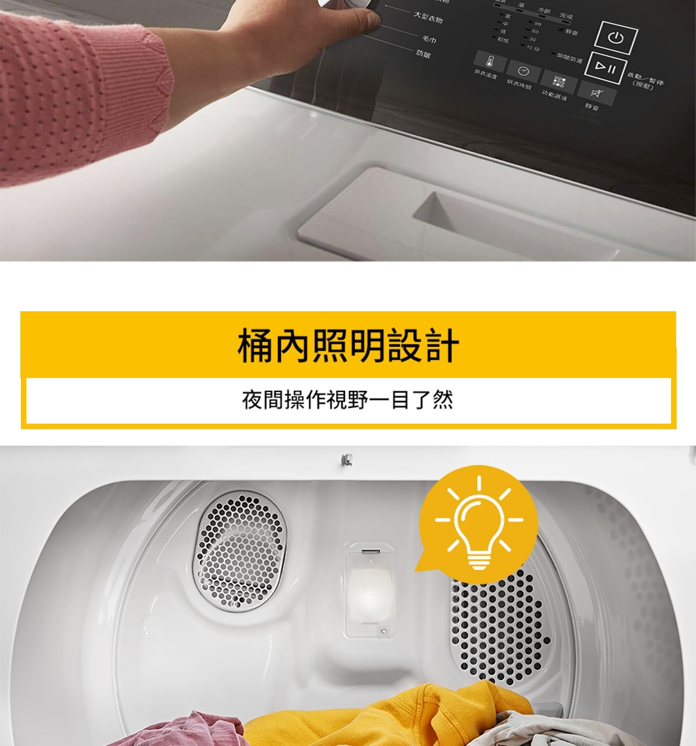 1:25 完成 -90 静音 60 d -30 大型衣物 -755 除址防護 DII 政動/暫停 按器 毛巾 ก 防皺 時間 功能選項 AS W 桶內照明設計 夜間操作視野一目了然