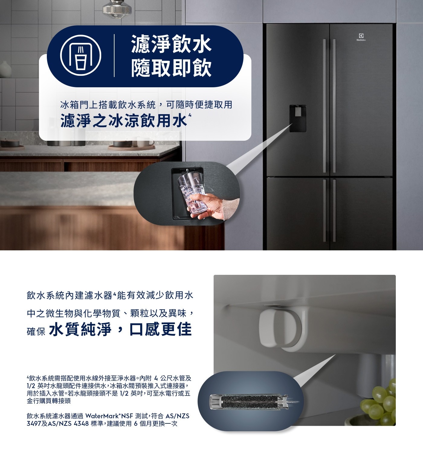 濾淨飲水 隨取即飲 冰箱門上搭載飲水系統,可隨時便捷取用 濾淨之冰涼飲用水 回