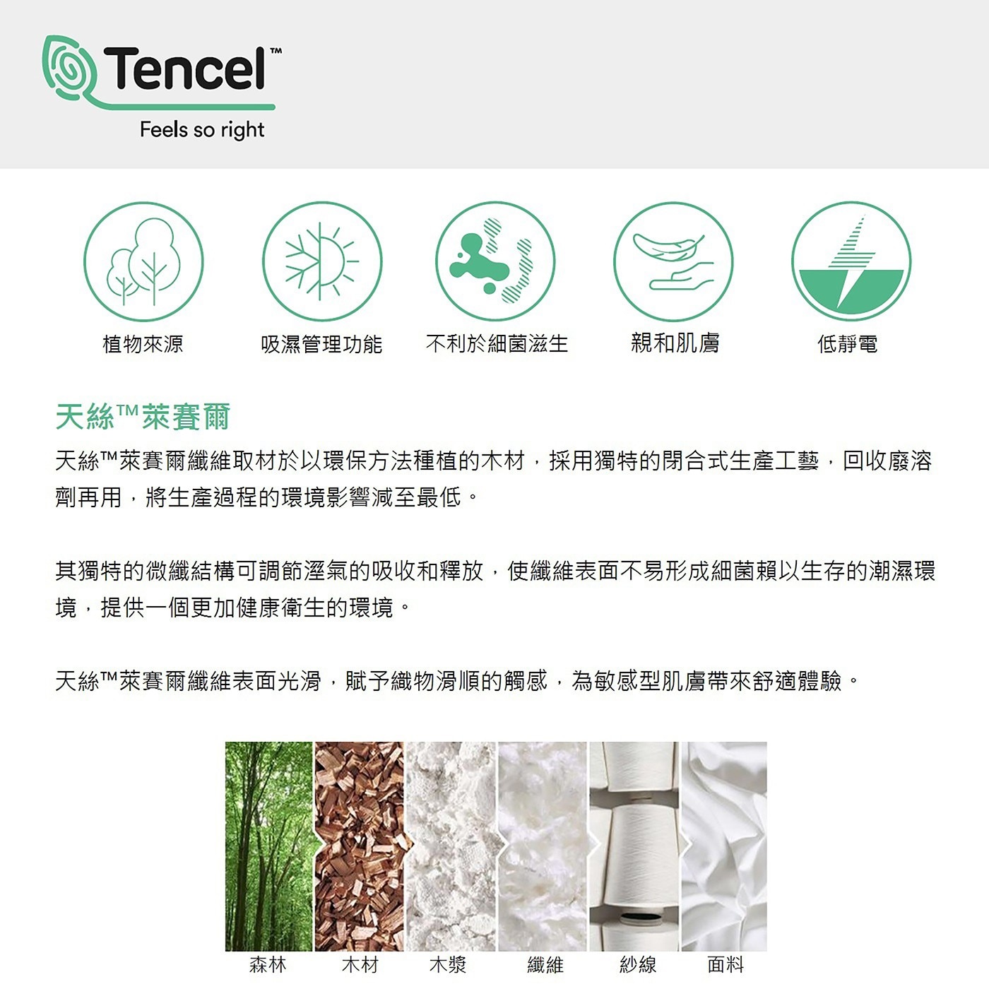 TencelTM Feels so right 植物來源 吸濕管理功能 不利於細菌滋生 親和肌膚 低靜電 天絲TTM萊賽爾 天絲TM萊賽爾纖維取材於以環保方法種植的木材,採用獨特的閉合式生產工藝...