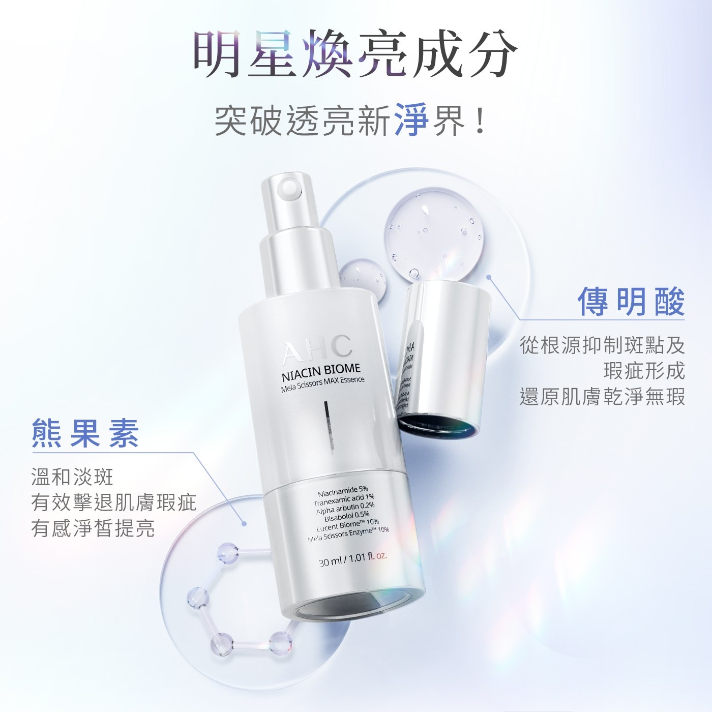 熊果素 溫和淡斑 有效擊退肌膚瑕疵 有感淨皙提亮 明星煥亮成分 突破透亮新淨界!