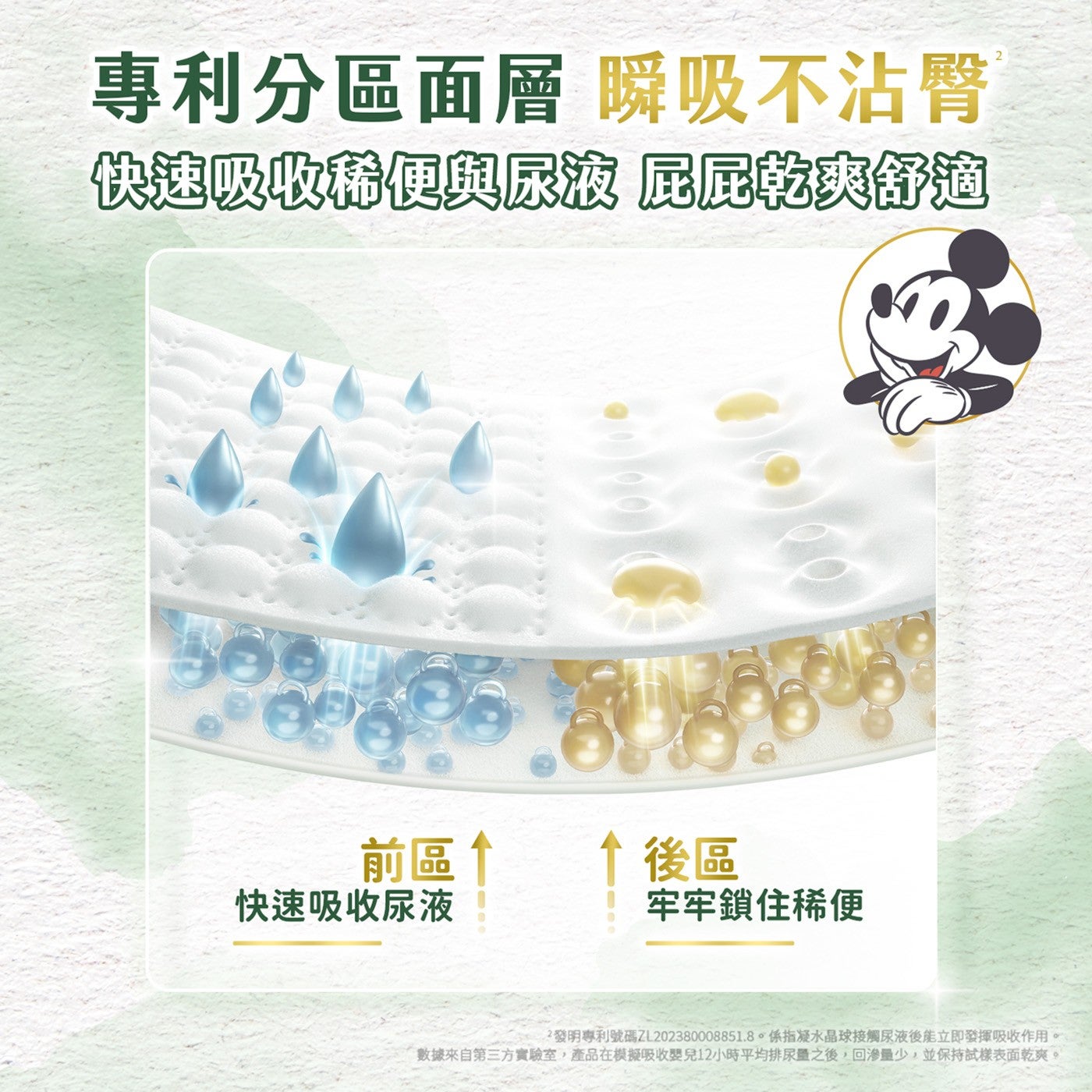 專利分區面層 瞬吸不沾臀 快速吸收稀便與尿液 屁屁乾爽舒適 前區 快速吸收尿液 後區 牢牢鎖住稀便 2發明專利號碼ZL51.8係指凝水晶球接觸尿液後能立即發揮吸收作用
