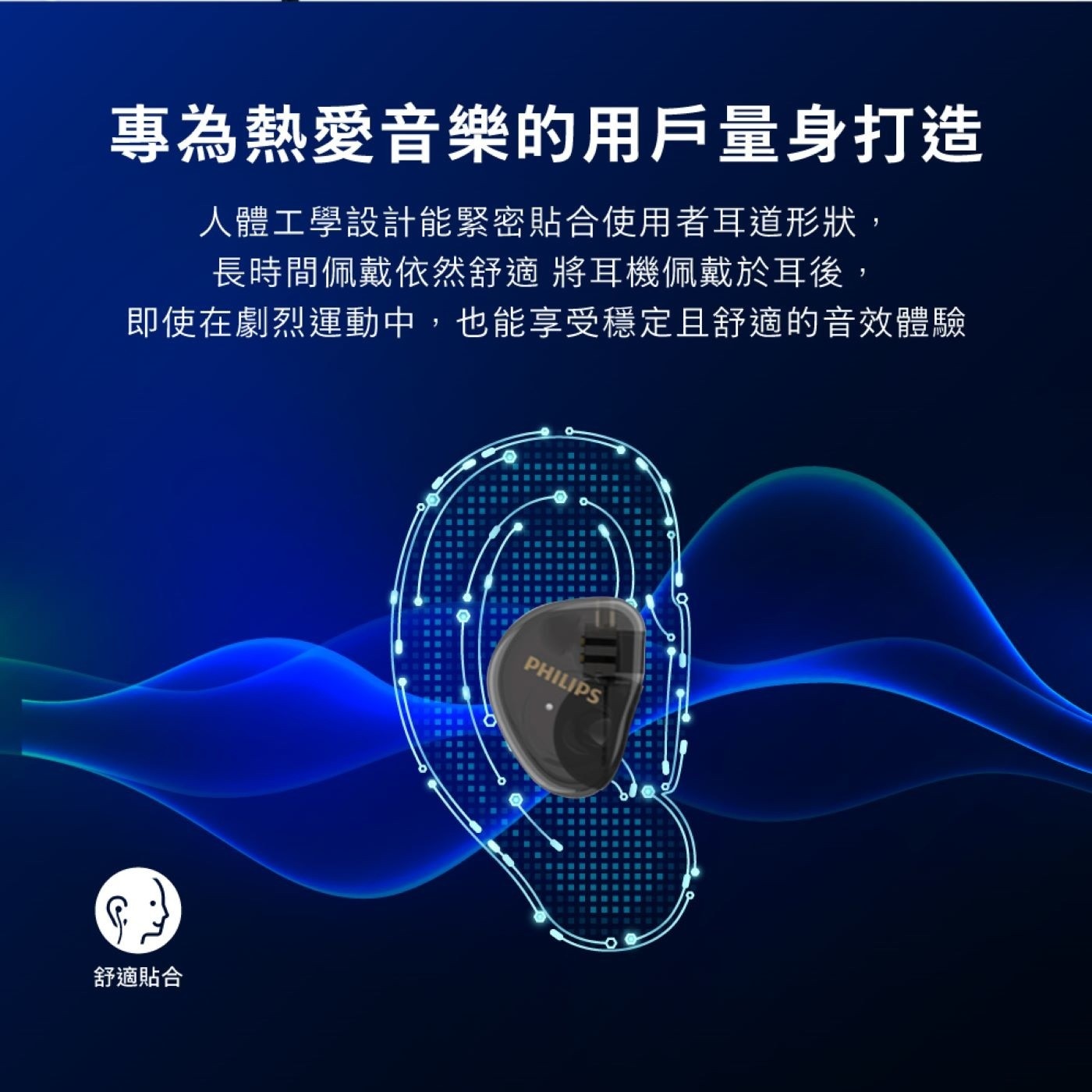 專為熱愛音樂的用戶量身打造 人體工學設計能緊密貼合使用者耳道形狀, 長時間佩戴依然舒適