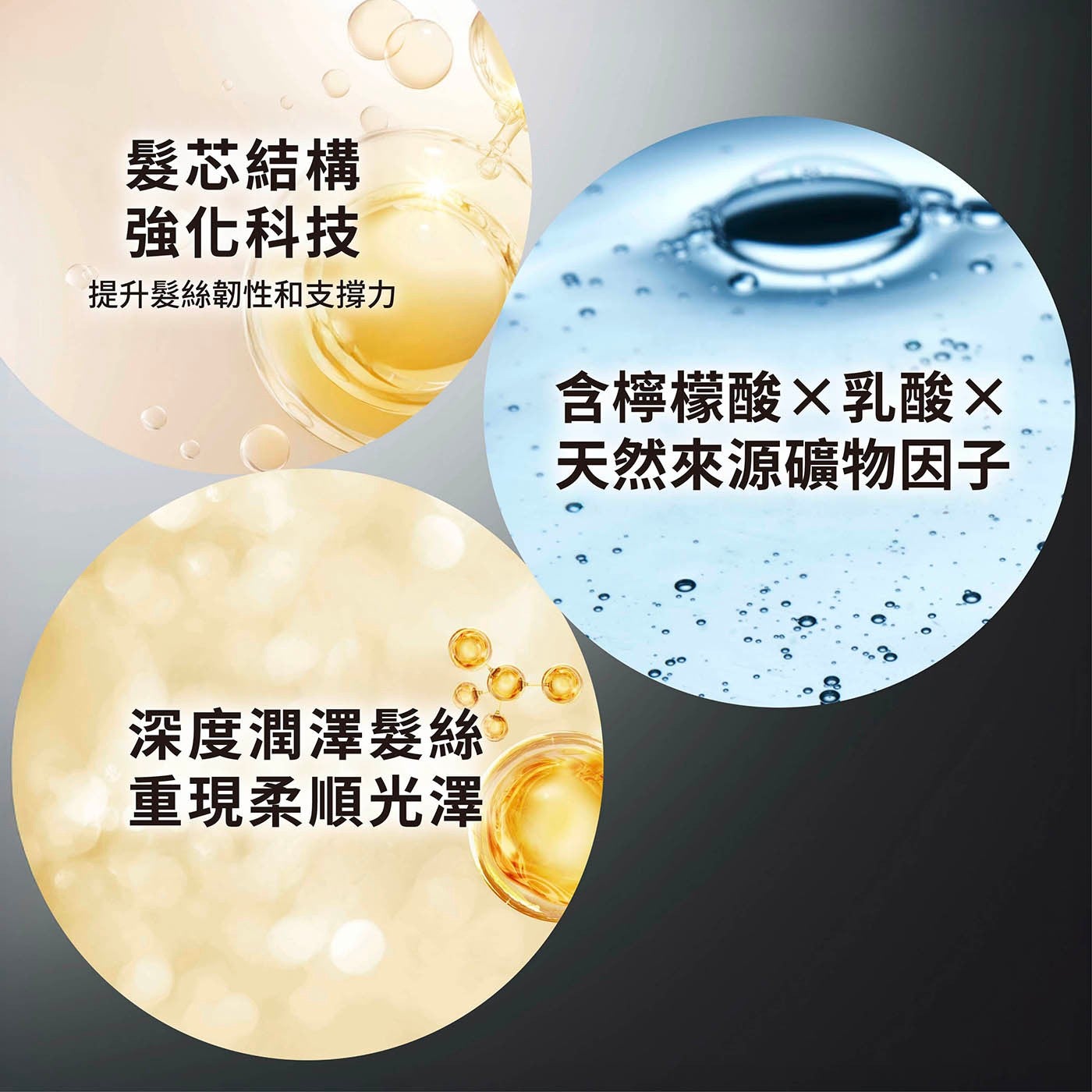 髮芯結構 強化科技 提升髮絲韌性和支撐力 含檸檬酸乳酸 天然來源礦物因子 深度潤澤髮絲 重現柔順光澤