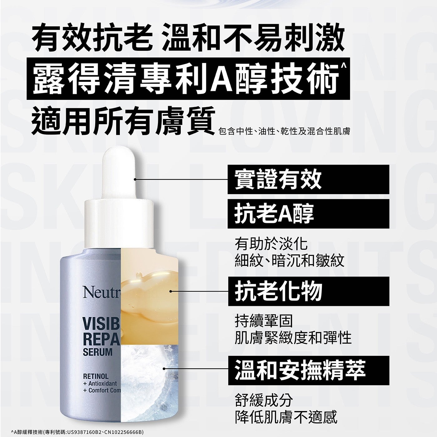 有效抗老 溫和不易刺激 露得清專利A醇技術 適用所有膚質 SK 包含中性、油性、乾性及混合性肌膚 實證有效 抗老A醇 有助於淡化 細紋...