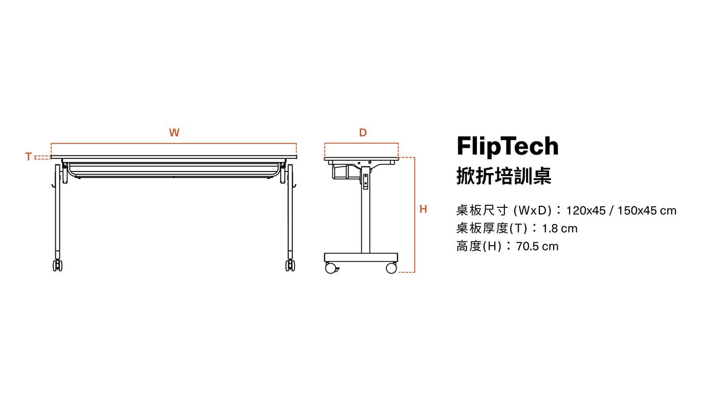 T W D I H FlipTech 掀折培訓桌 R WxD: 120x45/150x45 cm T: 1.8 H 70.5