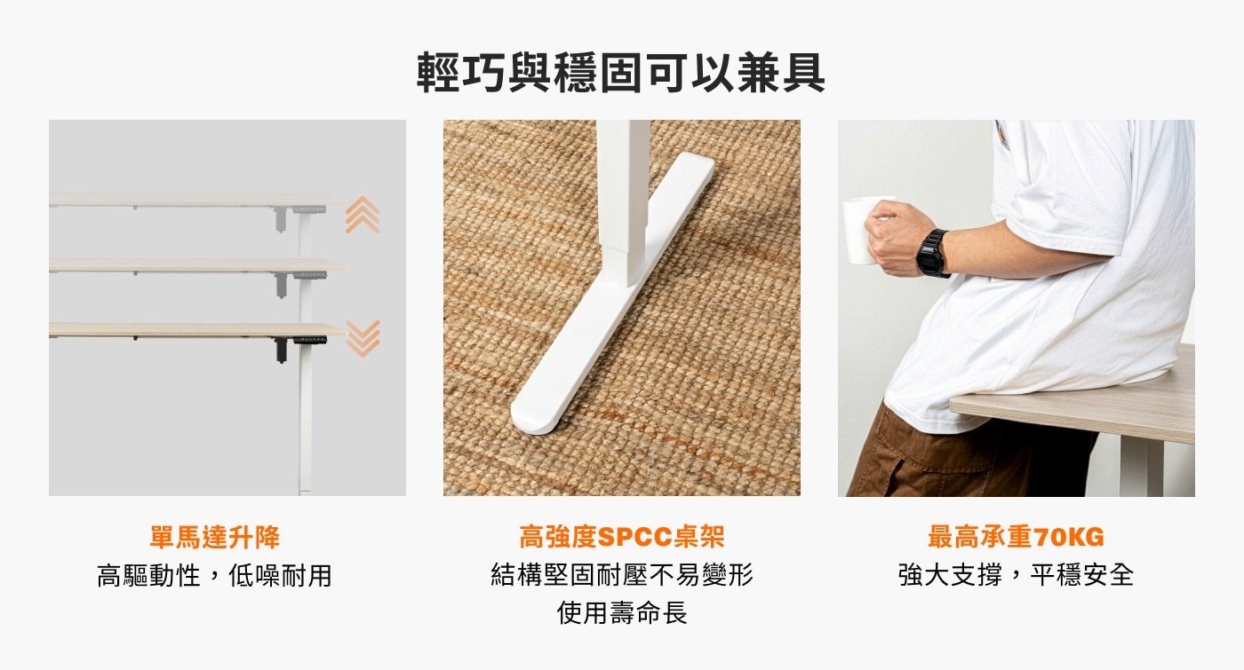 輕巧與穩固可以兼具 單馬達升降 高驅動性,低噪耐用 高強度SPCC桌架 結構堅固耐壓不易變形 使用壽命長 最高承重70KG 強大支撐,平穩安全