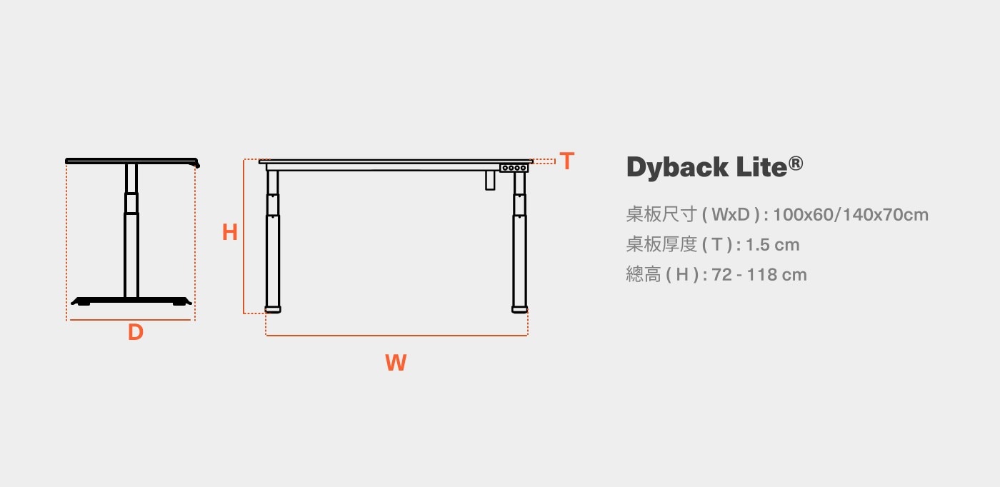Dyback Lite R WxD 100x60140x70cm T 1.5 cm H72-118