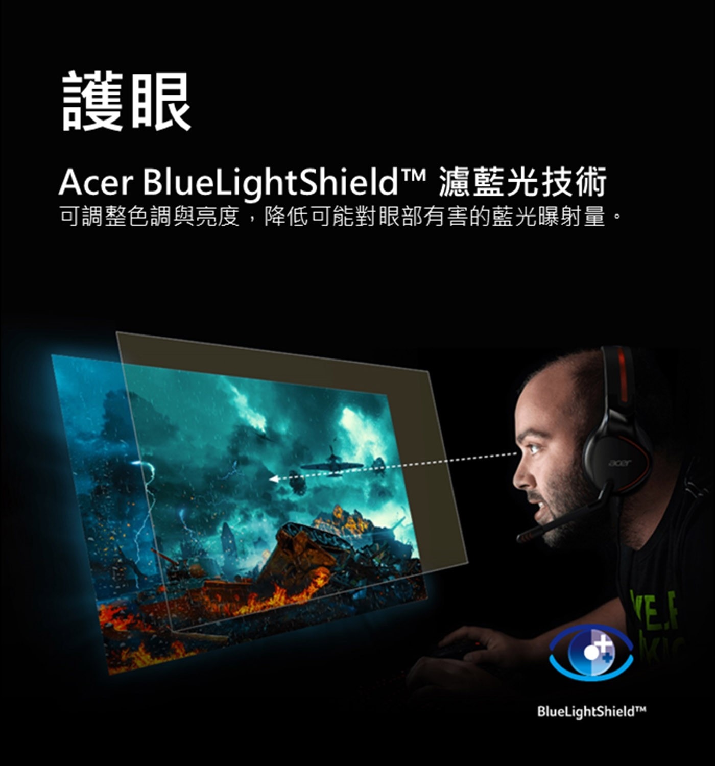 護眼 Acer BlueLightShield™ 濾藍光技術 可調整色調與亮度,降低可能對眼部有害的藍光曝射量。
