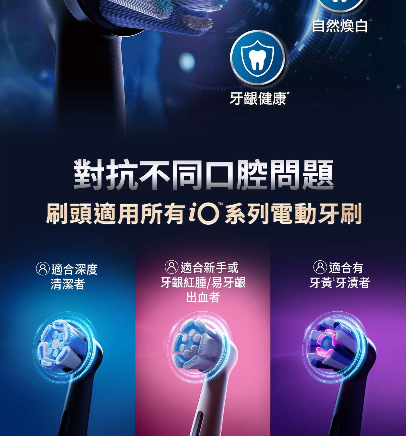 牙齦健康 自然煥白 對抗不同口腔問題 刷頭適用所有O系列電動牙刷 8適合深度 清潔者 8適合新手或 牙齦紅腫易牙齦 出血者 8適合有 牙黃牙漬者