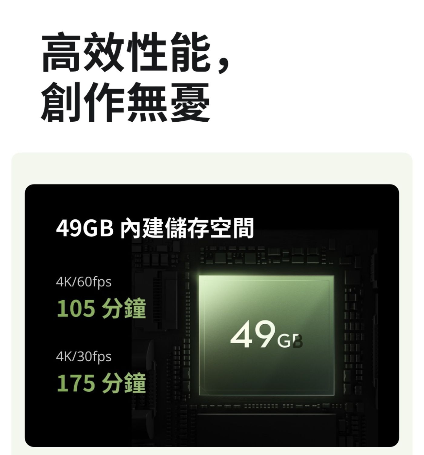 高效性能, 創作無憂 內建儲存空間 分鐘
