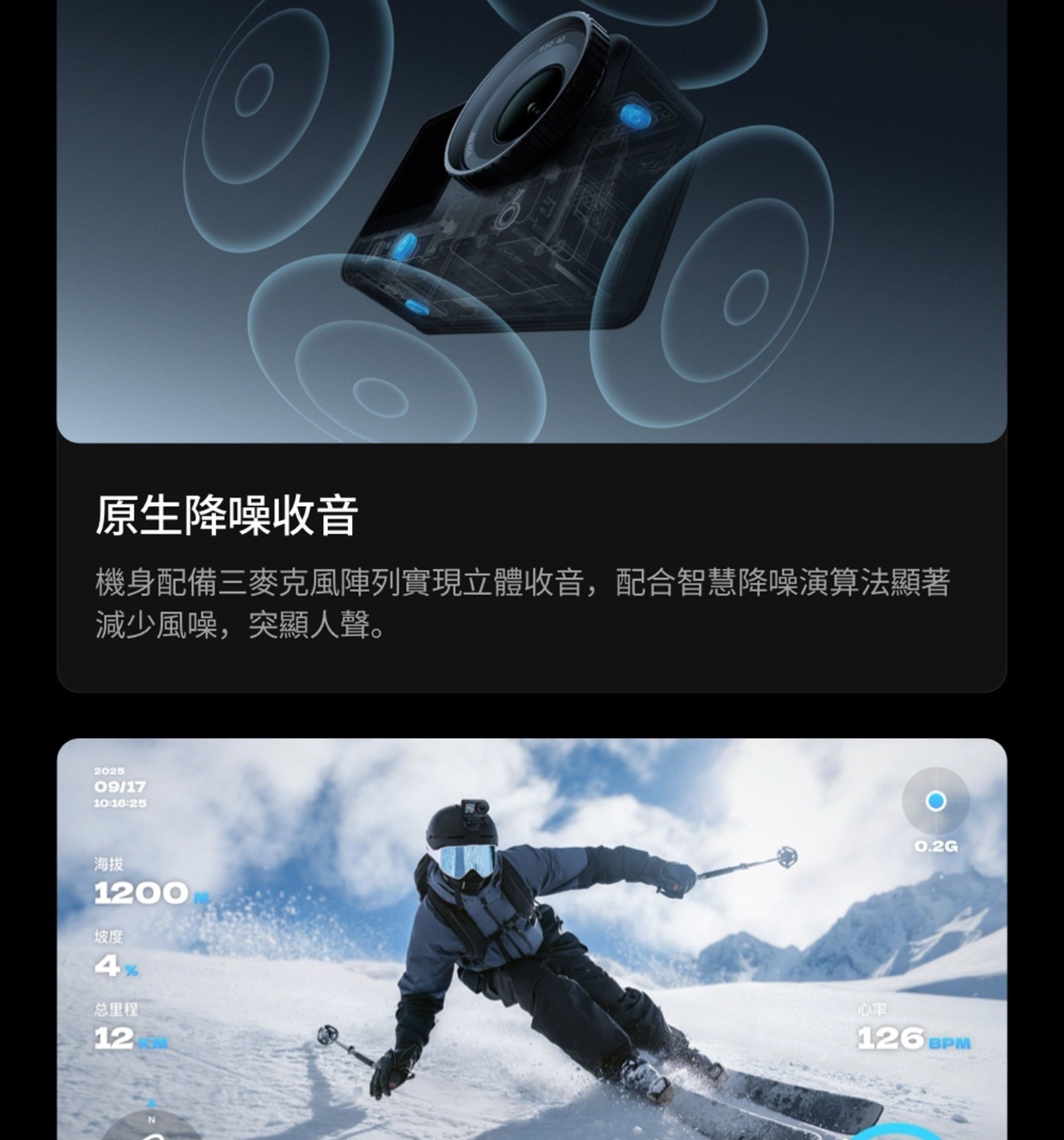 原生降噪收音 機身配備3麥克風陣列實現立體收音,配合智慧降噪演算法顯著 減少風噪,突顯人聲 海拔 坡度 总里程 心率 BPM