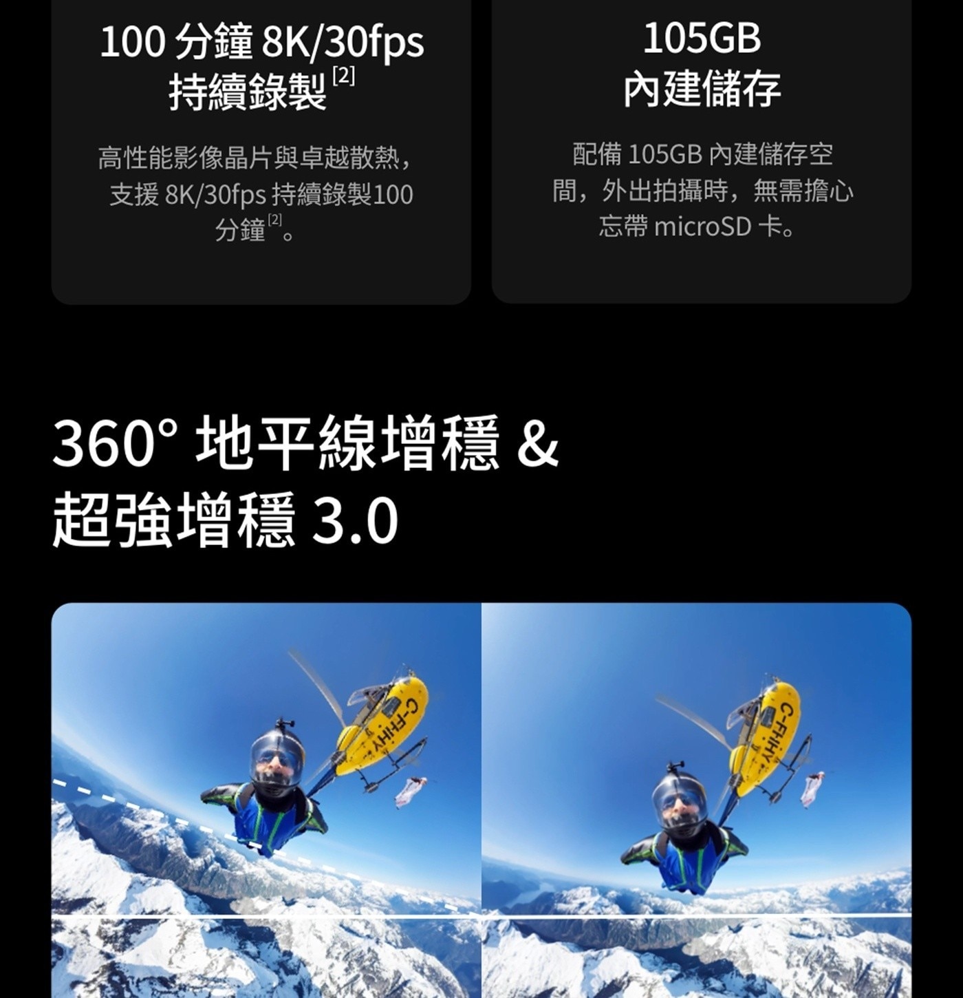 分鐘 持續錄製 高性能影像晶片與卓越散熱, 支援 持續錄製100 分鐘 內建儲存 配備 內建儲存空 間,外出拍攝時,無需擔心 忘帶 microSD 卡 360 地平線增穩 超強增
