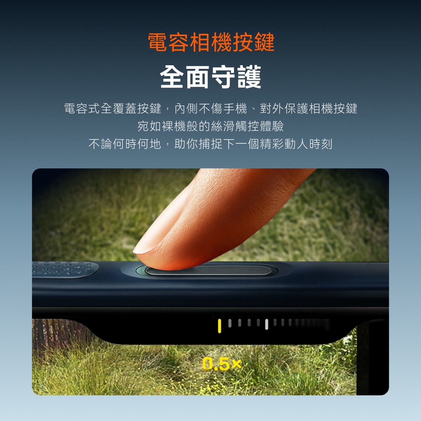 電容相機按鍵 全面守護 電容式全覆蓋按鍵,內側不傷手機、對外保護相機按鍵 宛如裸機般的絲滑觸控體驗 不論何時何地,助你捕捉下1個精彩動人時刻