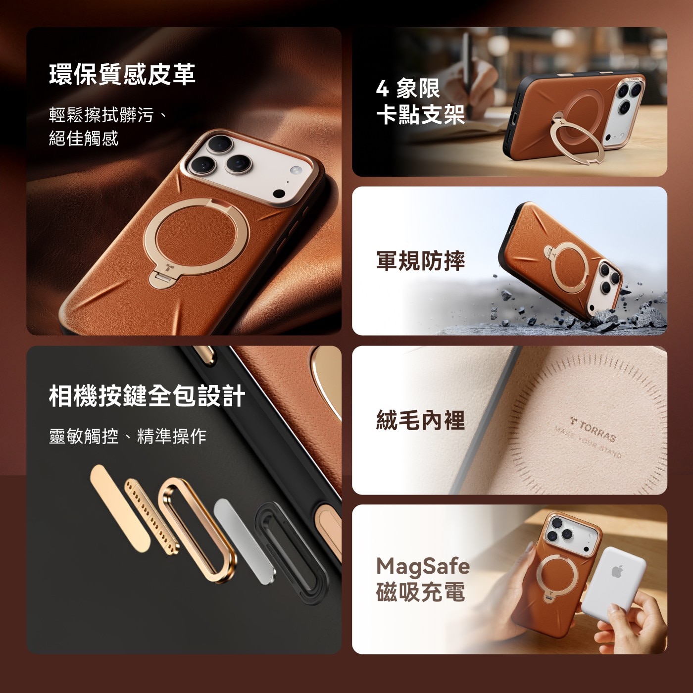 環保質感皮革 4象限 輕鬆擦拭髒污、 卡點支架 絕佳觸感 軍規防摔 相機按鍵全包設計 靈敏觸控、精準操作
