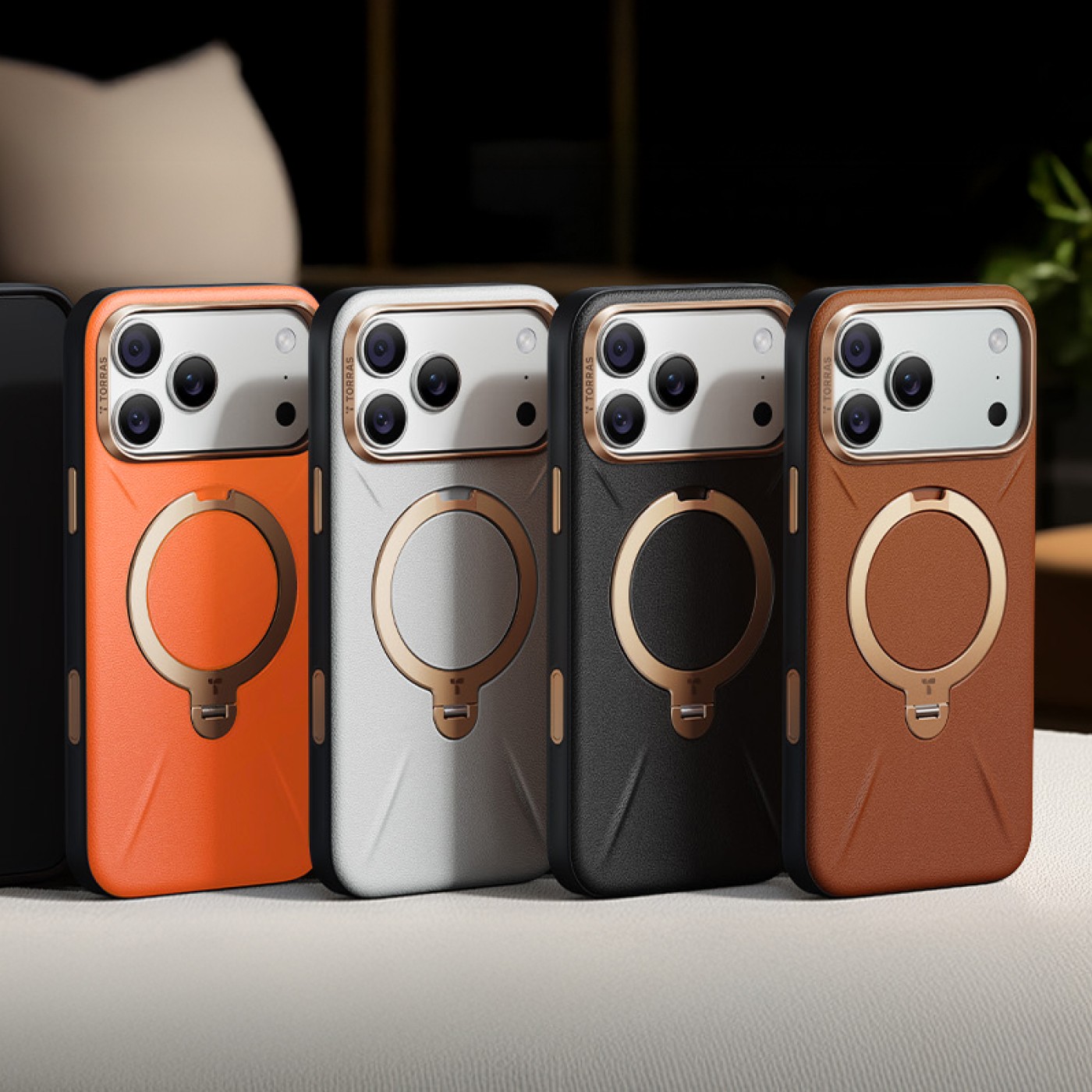 Torras Ostand Spin VegSkin Magnetic 相機按鍵旋轉支架皮革防摔手機殼 iPhone 17系列 + Insta II Master 高清滿版螢幕鋼化玻璃保護貼