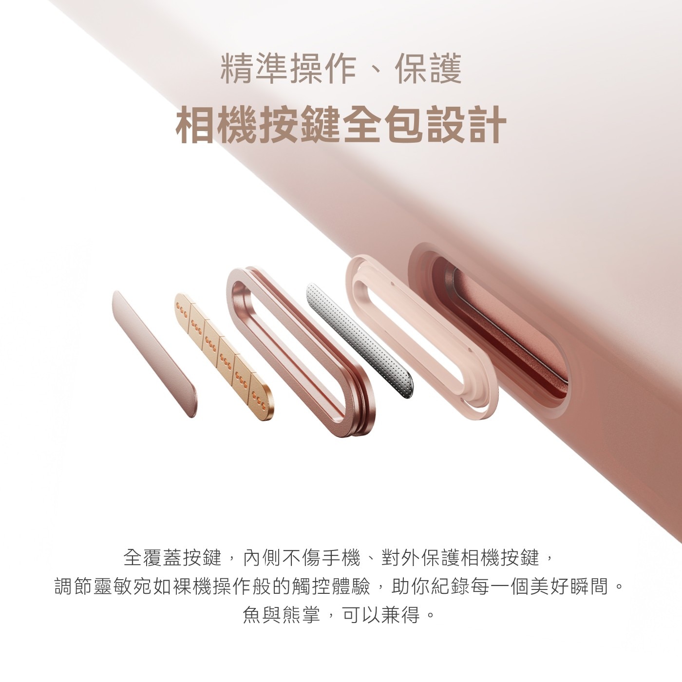 精準操作、保護 相機按鍵全包設計 全覆蓋按鍵,內側不傷手機、對外保護相機按鍵, 調節靈敏宛如裸機操作般的觸控體驗,助你紀錄每1個美好瞬間。 魚與熊掌,可以兼得。