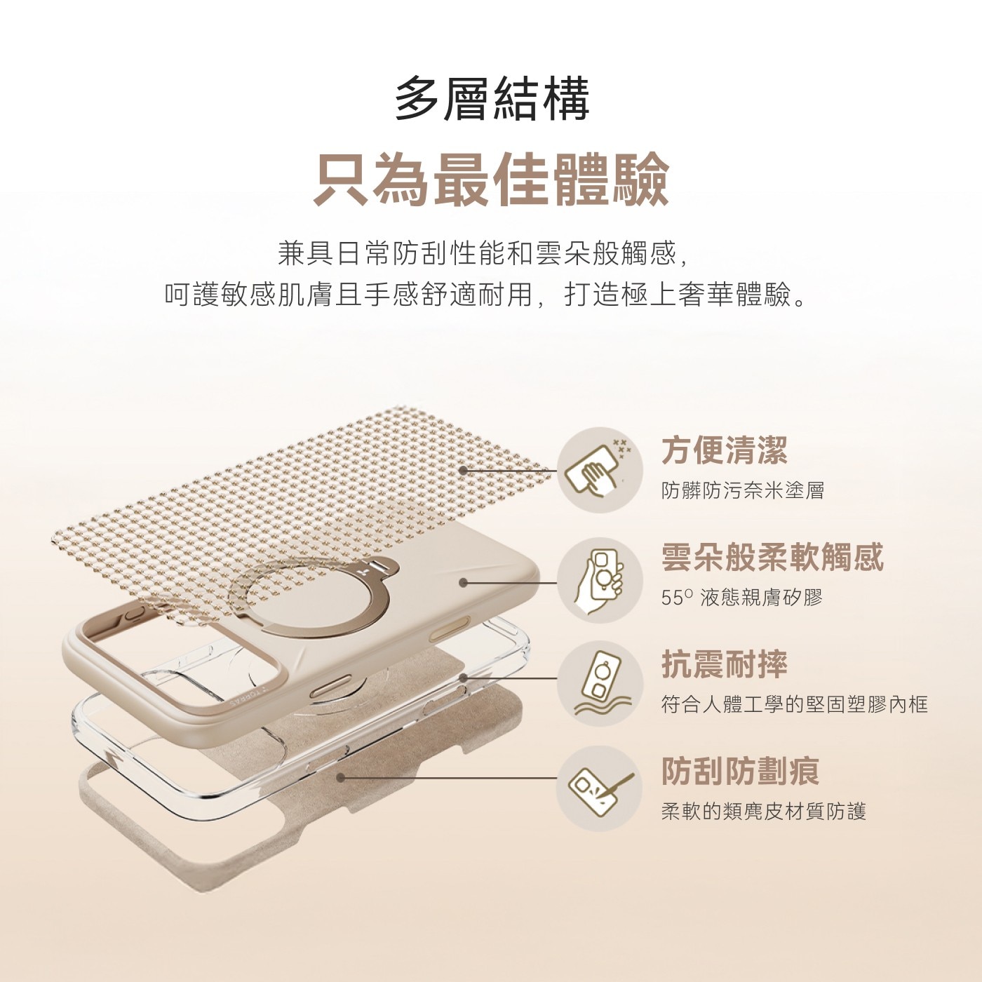 多層結構 只為最佳體驗 兼具日常防刮性能和雲朵般觸感, 呵護敏感肌膚且手感舒適耐用,打造極上奢華體驗。