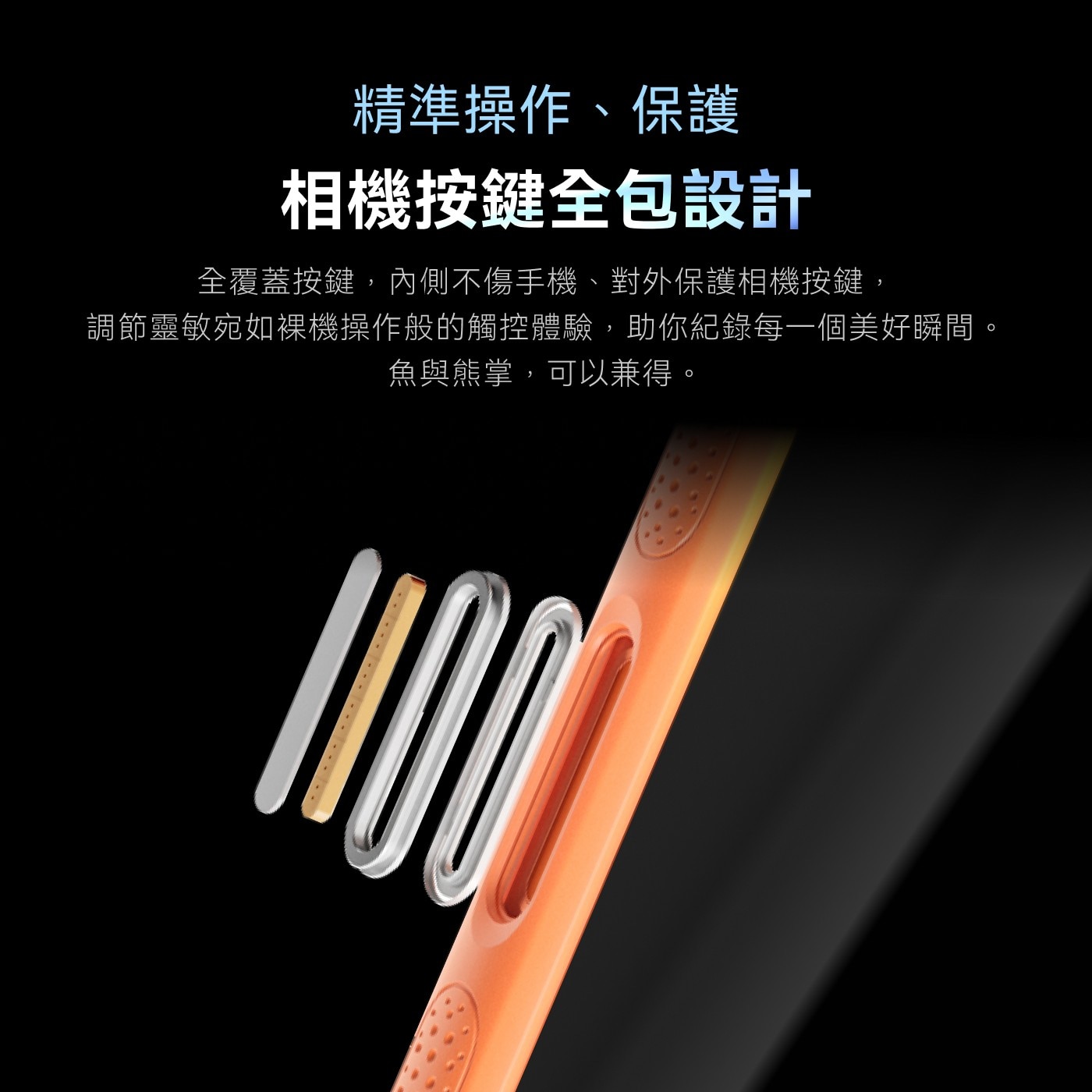 精準操作、保護 相機按鍵全包設計 全覆蓋按鍵,內側不傷手機、對外保護相機按鍵, 調節靈敏宛如裸機操作般的觸控體驗,助你紀錄每1個美好瞬間。 魚與熊掌,可以兼得。