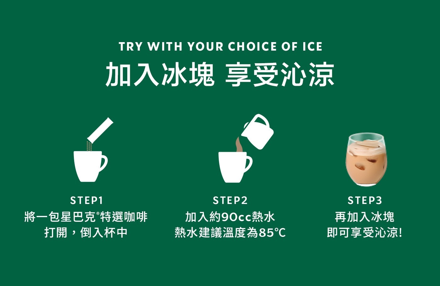 TRY WITH YOUR CHOICE OF ICE 加入冰塊 享受沁涼 將一包星巴克特選咖啡 打開,倒入杯中 加入約90cc熱水 熱水建議溫度為85°C 再加入冰塊 即可享受沁涼!