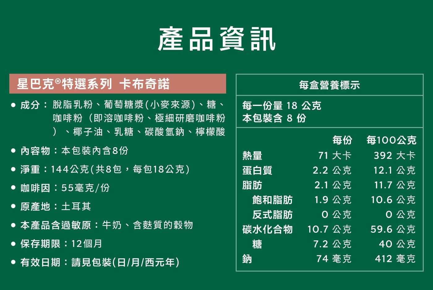 產品資訊 星巴克®特選系列 卡布奇諾 每盒