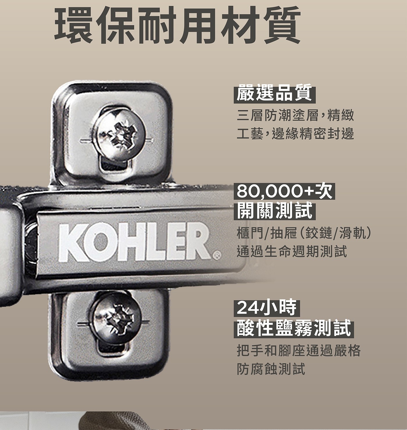 環保耐用材質 嚴選品質 三層防潮塗層,精緻 工藝,邊緣精密封邊 KOHLER 80,000次 開關測試 櫃門/抽屜鉸鏈/滑軌 通過生命週期測試 24小時 酸性鹽霧測試 把手和腳座通過嚴格 防腐蝕測試