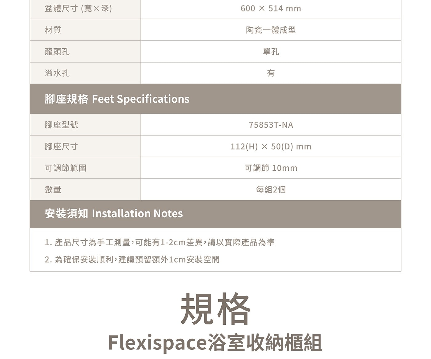 盆體尺寸寬×深 mm 材質 龍頭孔 溢水孔 腳座規格 Feet Specifications 腳座型號 腳座尺寸 陶瓷一體成型 單孔 有 可調節範圍 數量 可調節 10mm 每組2個 安裝須知...