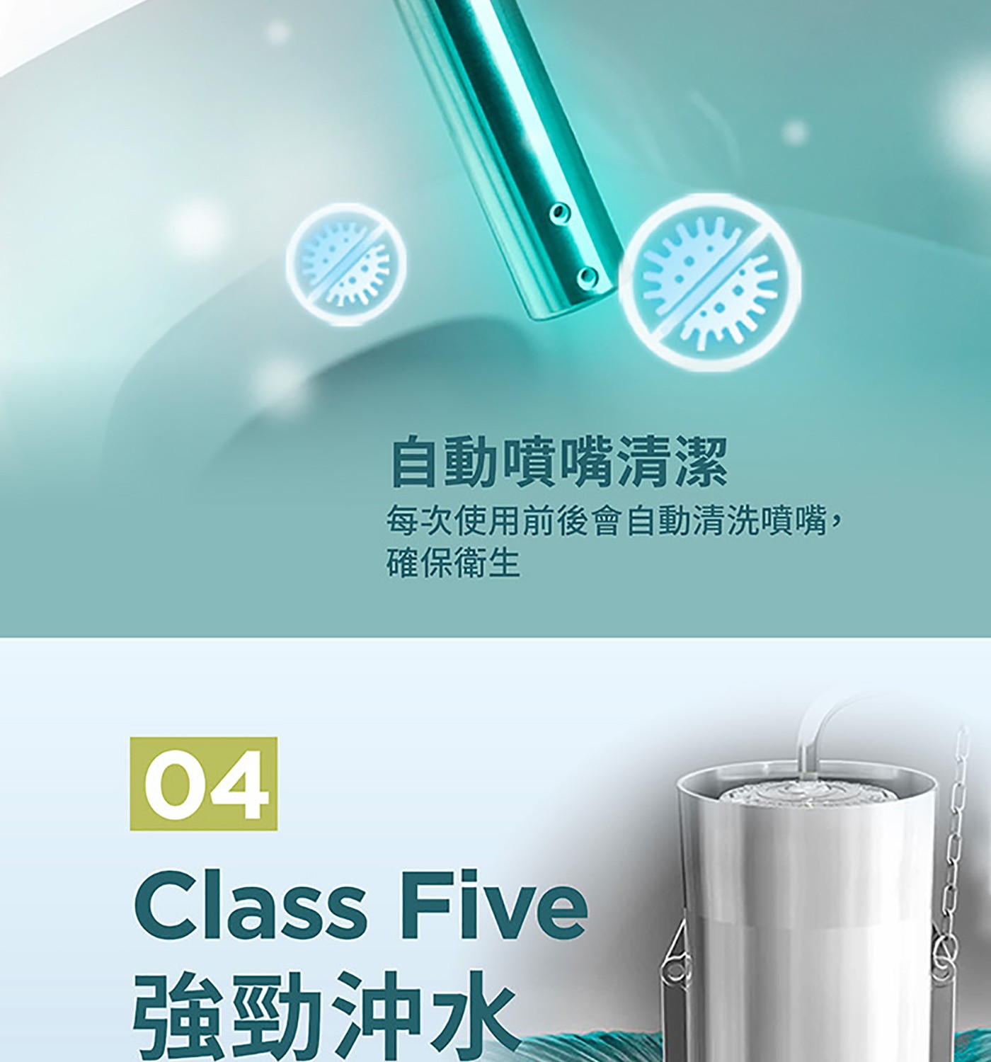 自動噴嘴清潔 每次使用前後會自動清洗噴嘴, 確保衛生 Class Five 強勁沖水