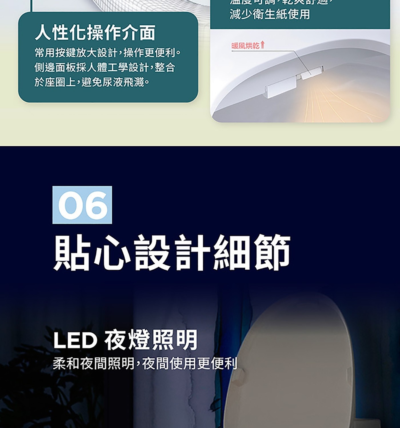 減少衛生紙使用 人性化操作介面 暖風烘乾食 常用按鍵放大設計,操作更便利。 側邊面板採人體工學設計,整合 於座圈上,避免尿液飛濺。 貼心設計細節 LED 夜燈照明 柔和夜間照明,夜間使用更便利