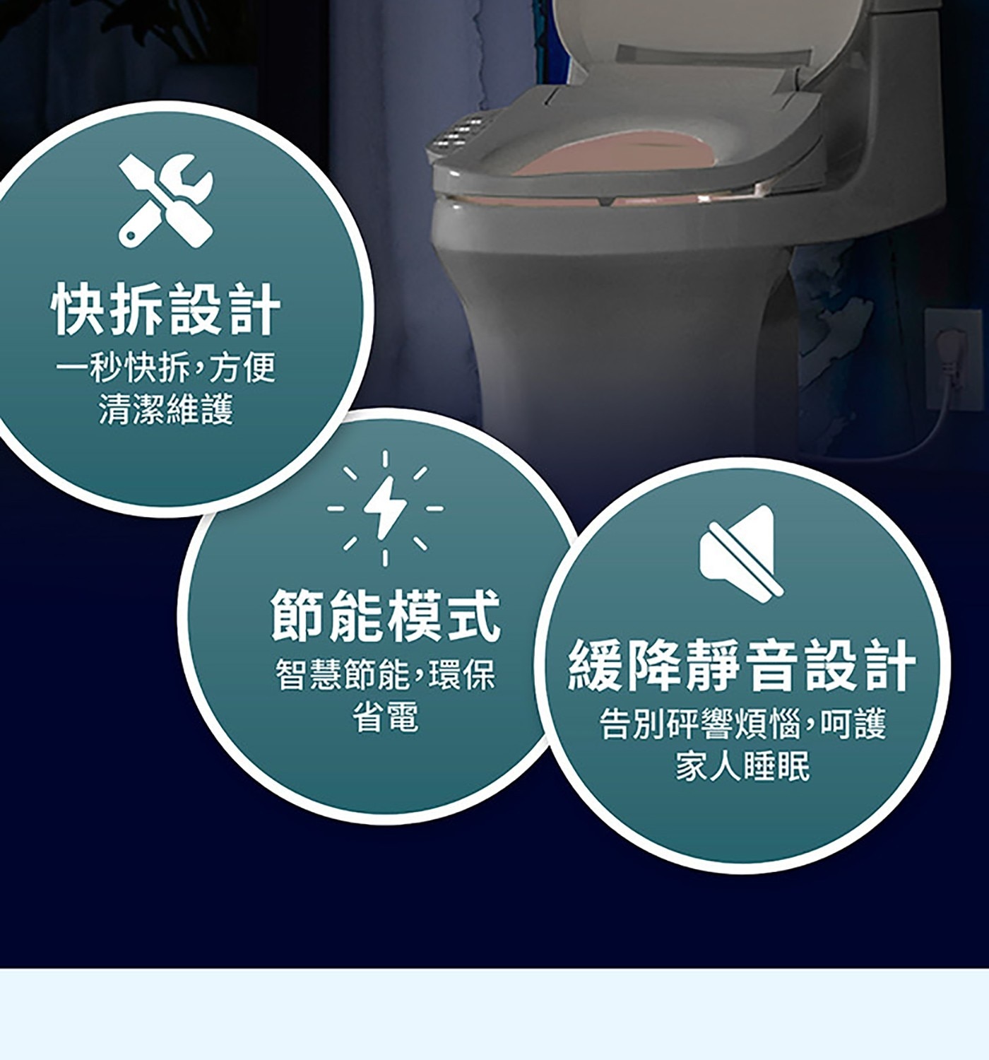 快拆設計 一秒快拆,方便 清潔維護 節能模式 智慧節能,環保 省電 緩降靜音設計 告別砰響煩惱,呵護 家人睡眠
