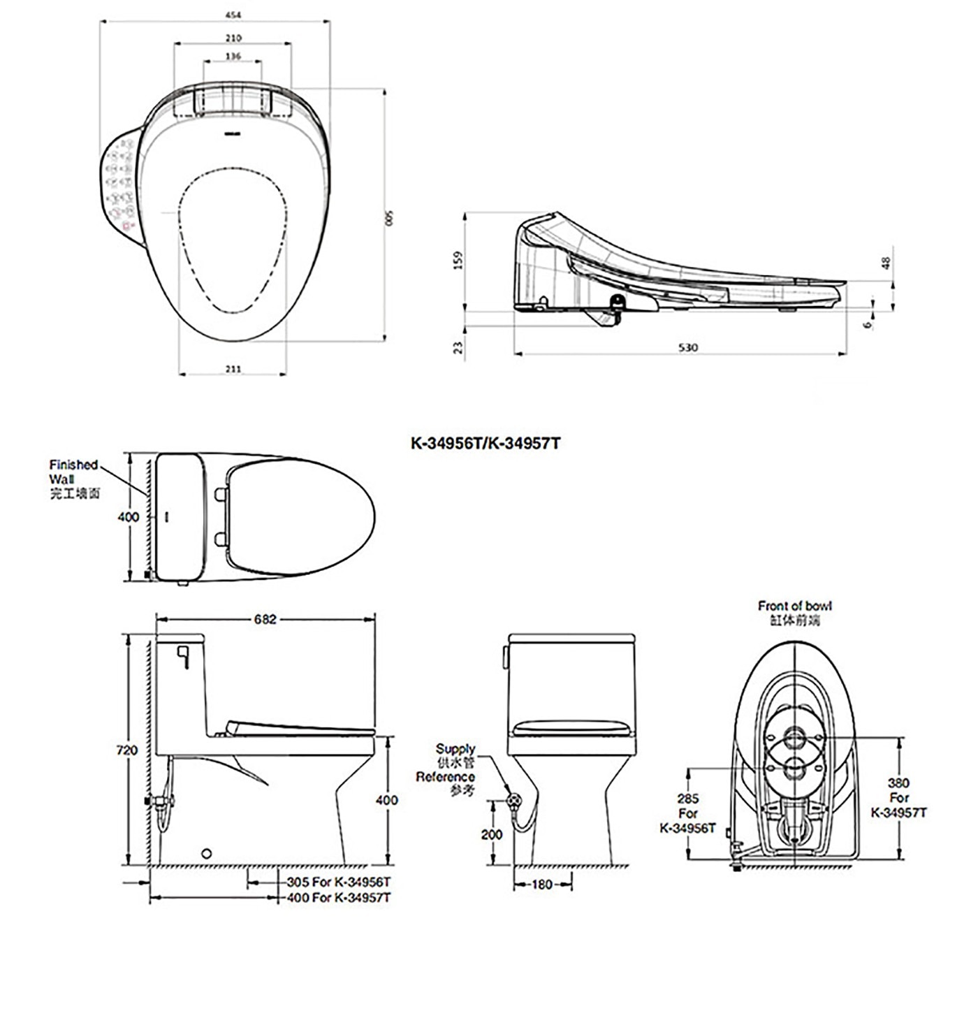 Wall 完工墙面 FO Supply 供水管 参考 For Front of bowl 缸体前端
