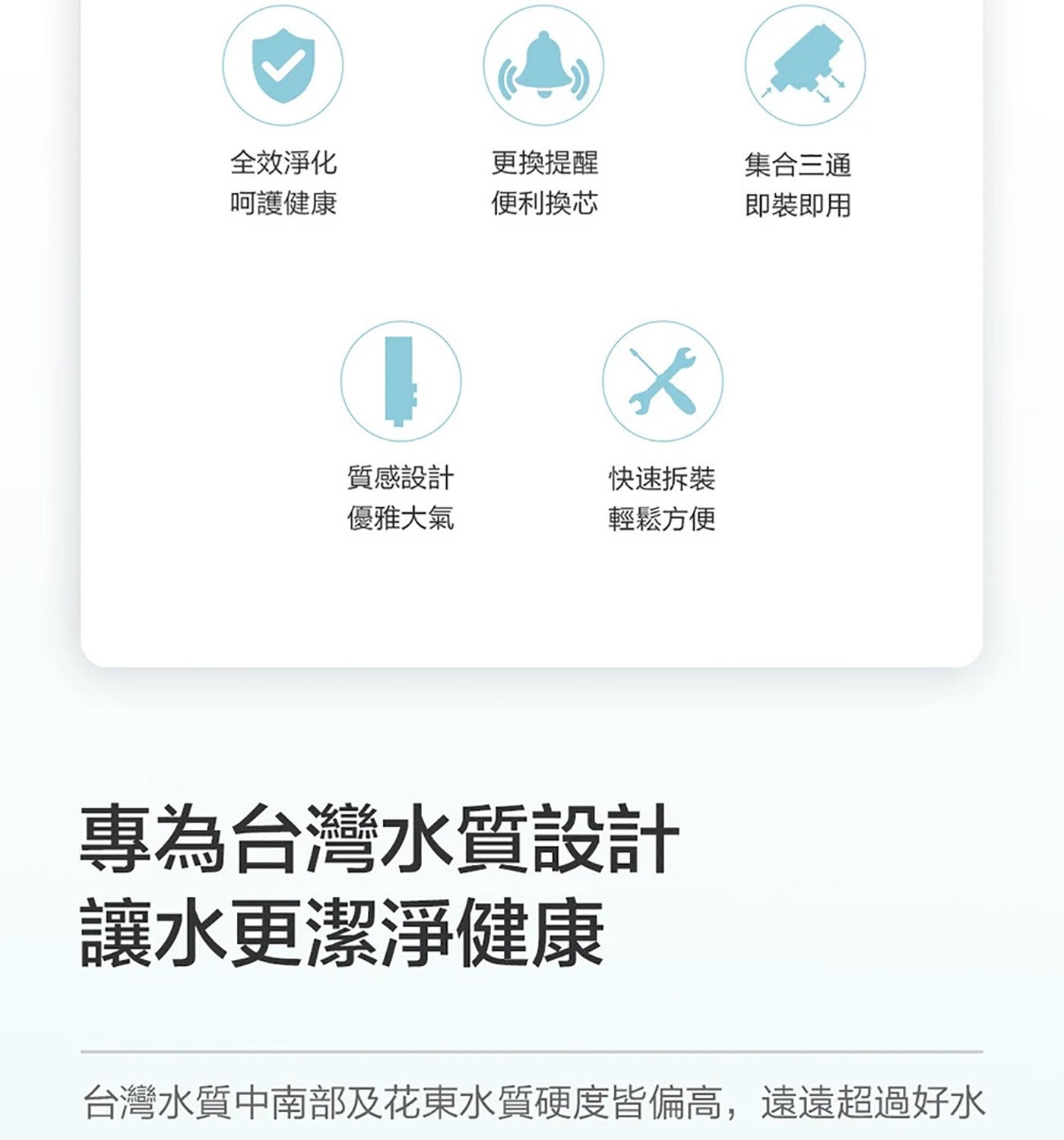 全效淨化 更換提醒 集合 3 通 呵護健康 便利換芯 即裝即用 質感設計 優雅大氣 快速拆裝 輕鬆方便 專為台灣水質設計 讓水更潔淨健康 台灣水質中南部及花東水質硬度皆偏高,遠遠超過好水