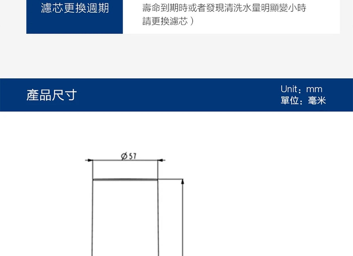濾芯更換週期 壽命到期時或者發現清洗水量明顯變小時 請更換濾芯 產品尺寸 單位: mm