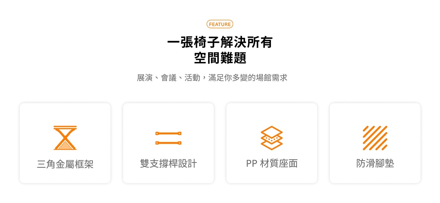 X FEATURE 一張椅子解決所有 空間難題 展演、會議、活動,滿足你多變的場館需求 12 三角金屬框架 雙支撐桿設計 PP 材質座面 防滑腳墊