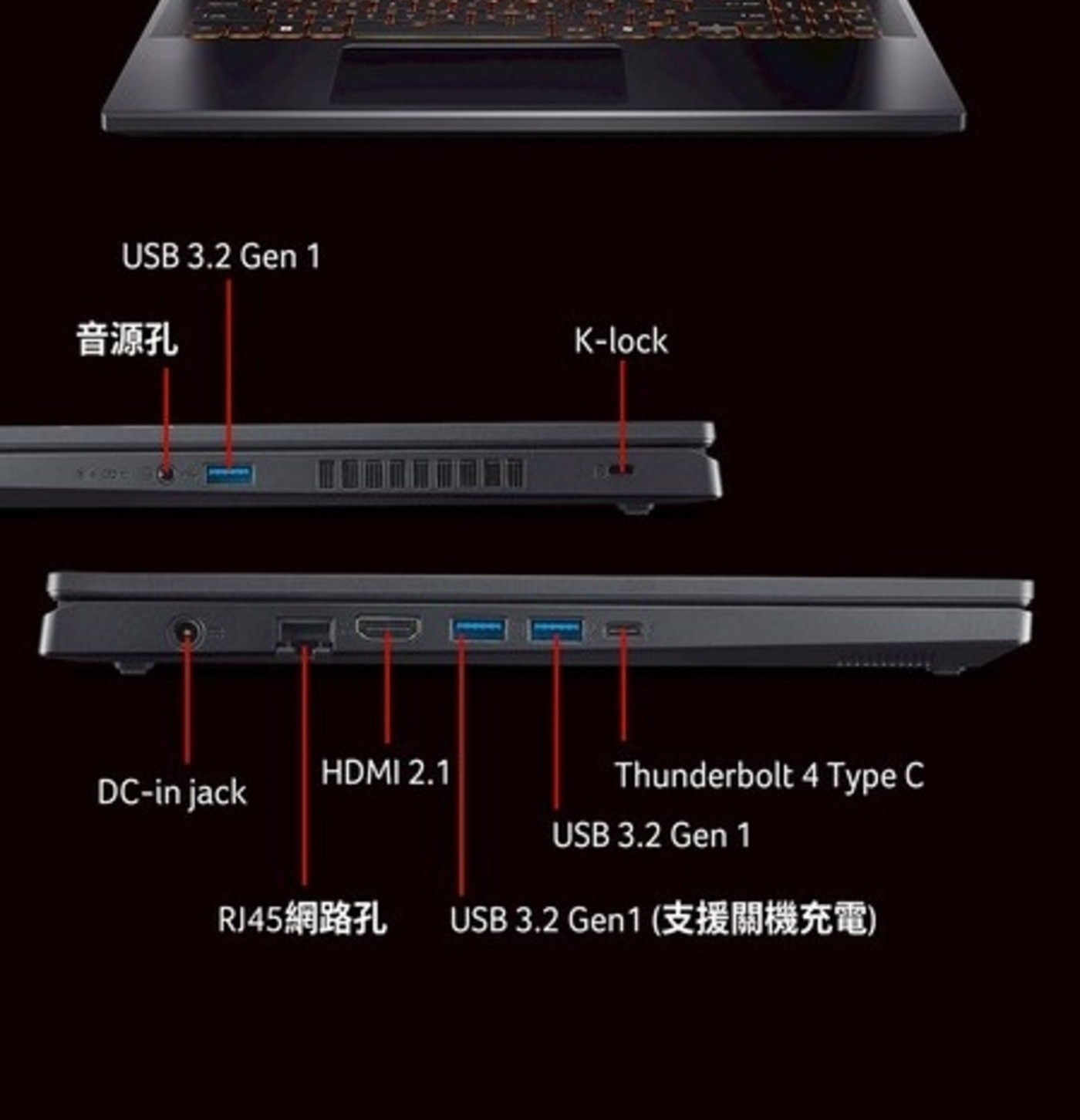USB 3.2 Gen 1 音源孔 HDMI 2.1 DC-in jack K-lock