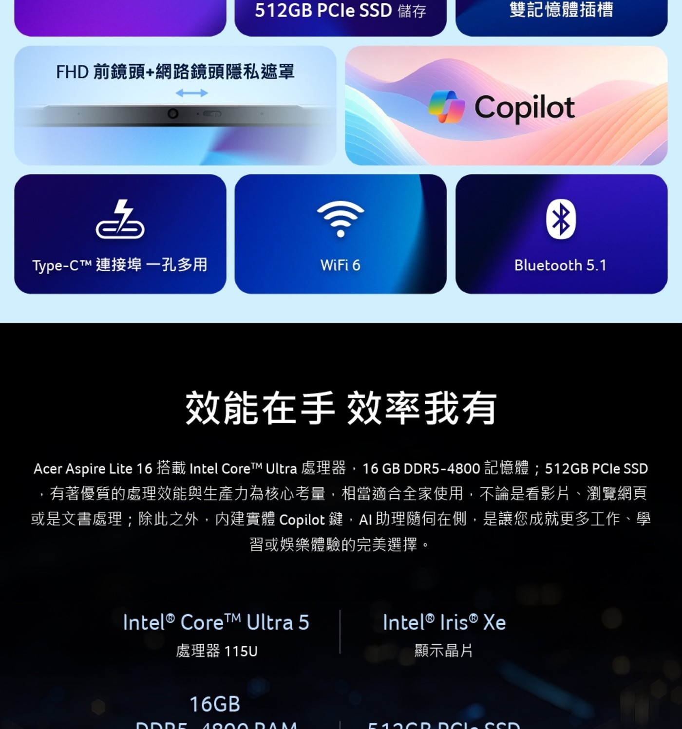 512GB PCle SSD 儲存 雙記憶體插槽 FHD 前鏡頭+網路鏡頭隱私遮罩