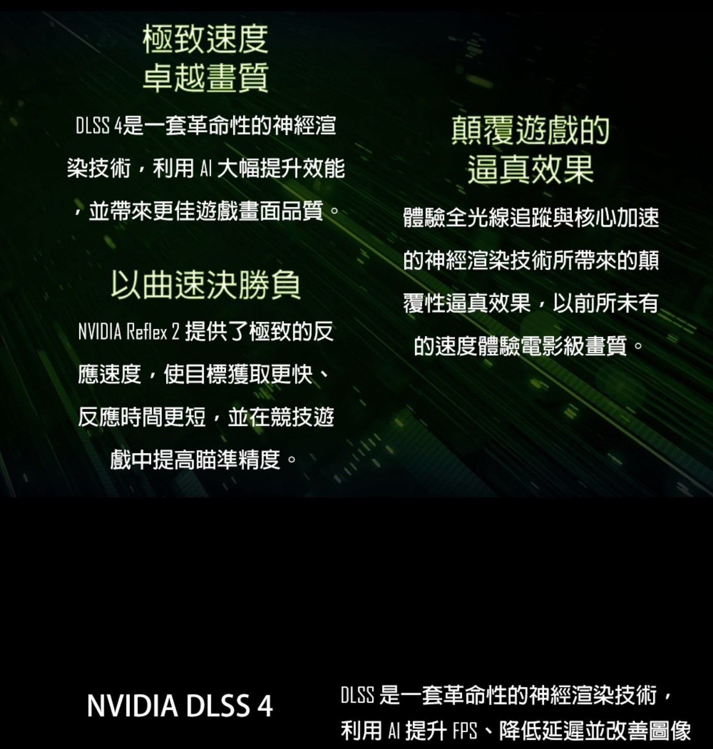 極致速度 卓越畫質 DLSS 4是一套革命性的神經渲 染技術,利用AI大幅提升效能