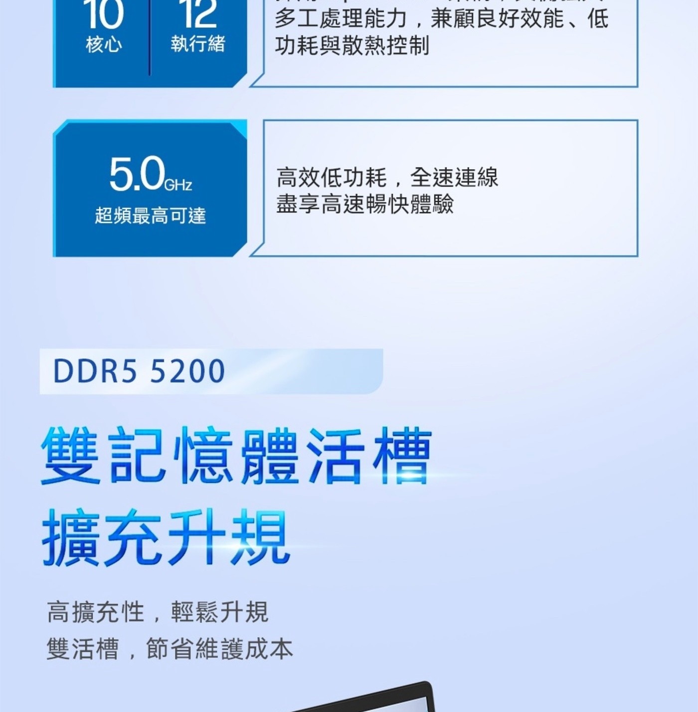 10 12 核心 執行緒 多工處理能力,兼顧良好效能、低 功耗與散熱控制 5.0art