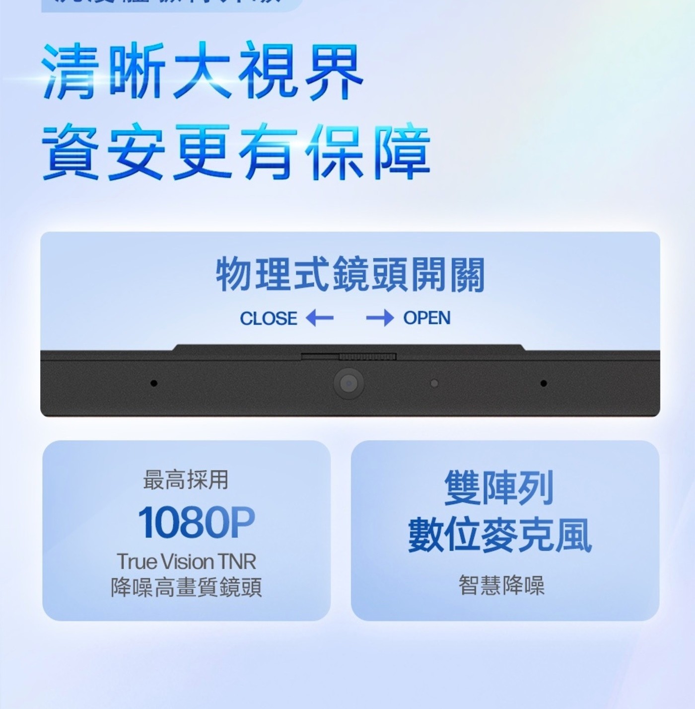 清晰大視界 資安更有保障 物理式鏡頭開關 CLOSE OPEN 最高採用 1080P True
