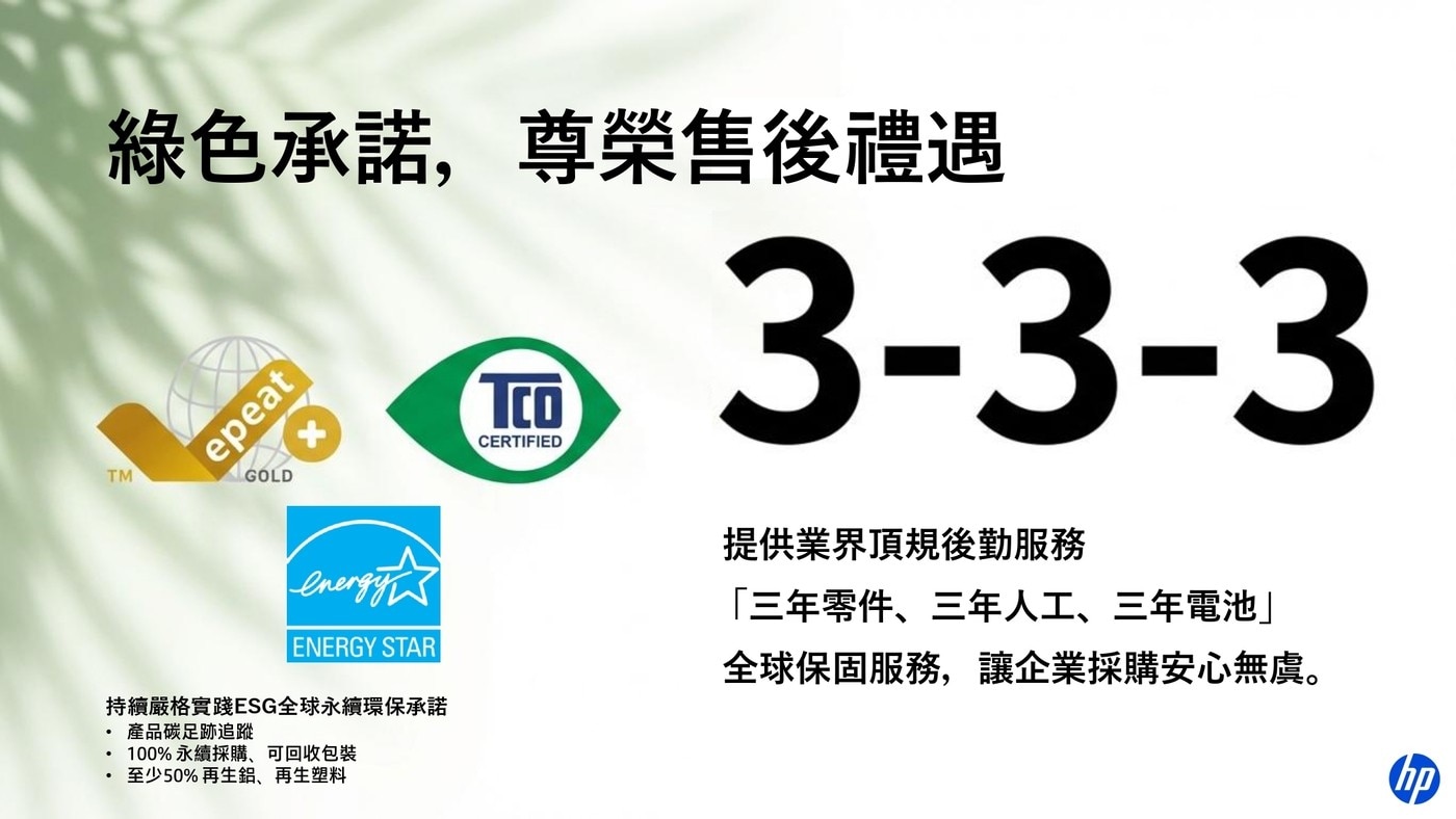 綠色承諾,尊榮售後禮遇 epeat x TM GOLD energy ENERGY ST...CERTIFIED 3-3-3 提供業界頂規後勤服務 3年零件3年人工3年電池 全球保固服務,讓企業採購安心無虞 hp